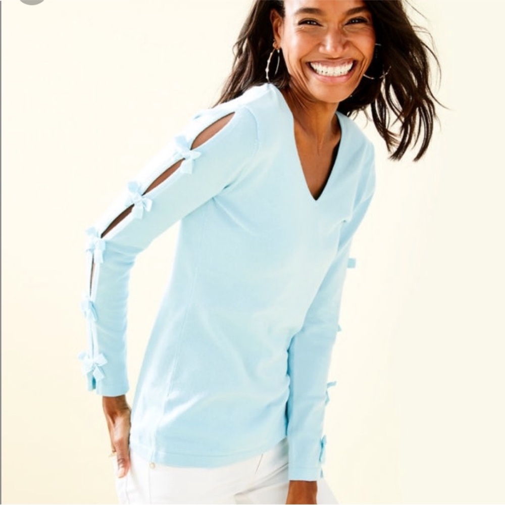 Lilly Pulitzer Bow Sleeve Edina Sweater Whisper Teal Blue medium